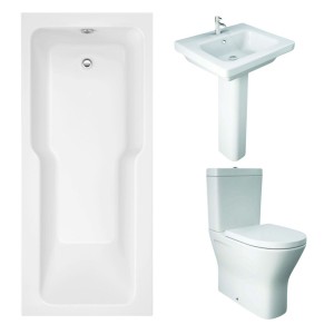 RAK Resort Maxi Closed Back Toilet with 550mm Basin Modern Bathroom Suite and Straight Shower Bath with Front Panel - 1700 x 750mm