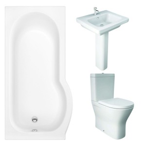 RAK Resort Maxi Closed Back Toilet with 550mm Basin Modern Bathroom Suite with P-Shape Shower Bath and Front Panel - Left Hand - 1500mm
