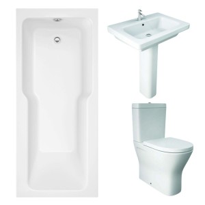 RAK Resort Maxi Closed Back Toilet with 650mm Basin Modern Bathroom Suite and Straight Shower Bath with Front Panel - 1700 x 750mm