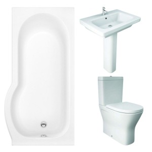 RAK Resort Maxi Closed Back Toilet with 650mm Basin Modern Bathroom Suite with P-Shape Shower Bath - Right Hand - 1675mm