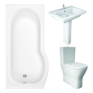 RAK Resort Maxi Closed Back Toilet with 650mm Basin Modern Bathroom Suite with P-Shape Shower Bath and Front Panel - Left Hand - 1675mm
