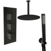 Thurso Matt Black Triple Square Handle Concealed Valve with 300mm Round Shower Head, Ceiling Arm and Hand Shower (2 Outlet)