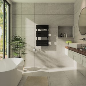 Juva 800 x 450mm Satin Black Flat Panel Thermostatic Touch Control Electric Heated Towel Rail