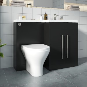 Calm Matt Black Right Hand Combination Vanity Unit Basin L Shape with Back to Wall Fresh Curved Toilet & Soft Close Seat & Concealed Cistern - 1100mm