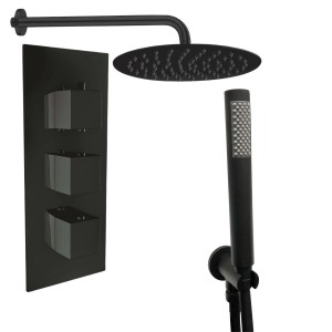 Thurso Matt Black Triple Square Handle Concealed Valve with 300mm Round Shower Head and Hand Shower (2 Outlet)