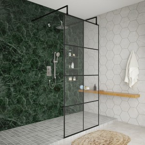 Wasdale 900mm Black Grid Walk Through Wet Room Screen With L-Shape Support Arms