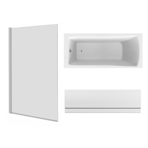 Sawley 1700 x 750mm Straight Bath Single Ended with Front Panel and Square Chrome Bath Screen