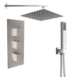 Beauly Chrome Triple Square Handle Concealed Valve Built in Diverter with 300mm Square Shower Head and Hand Shower (3 Outlet)