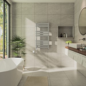 Juva 950 x 500mm Chrome Flat Panel Thermostatic Touch Control Electric Heated Towel Rail