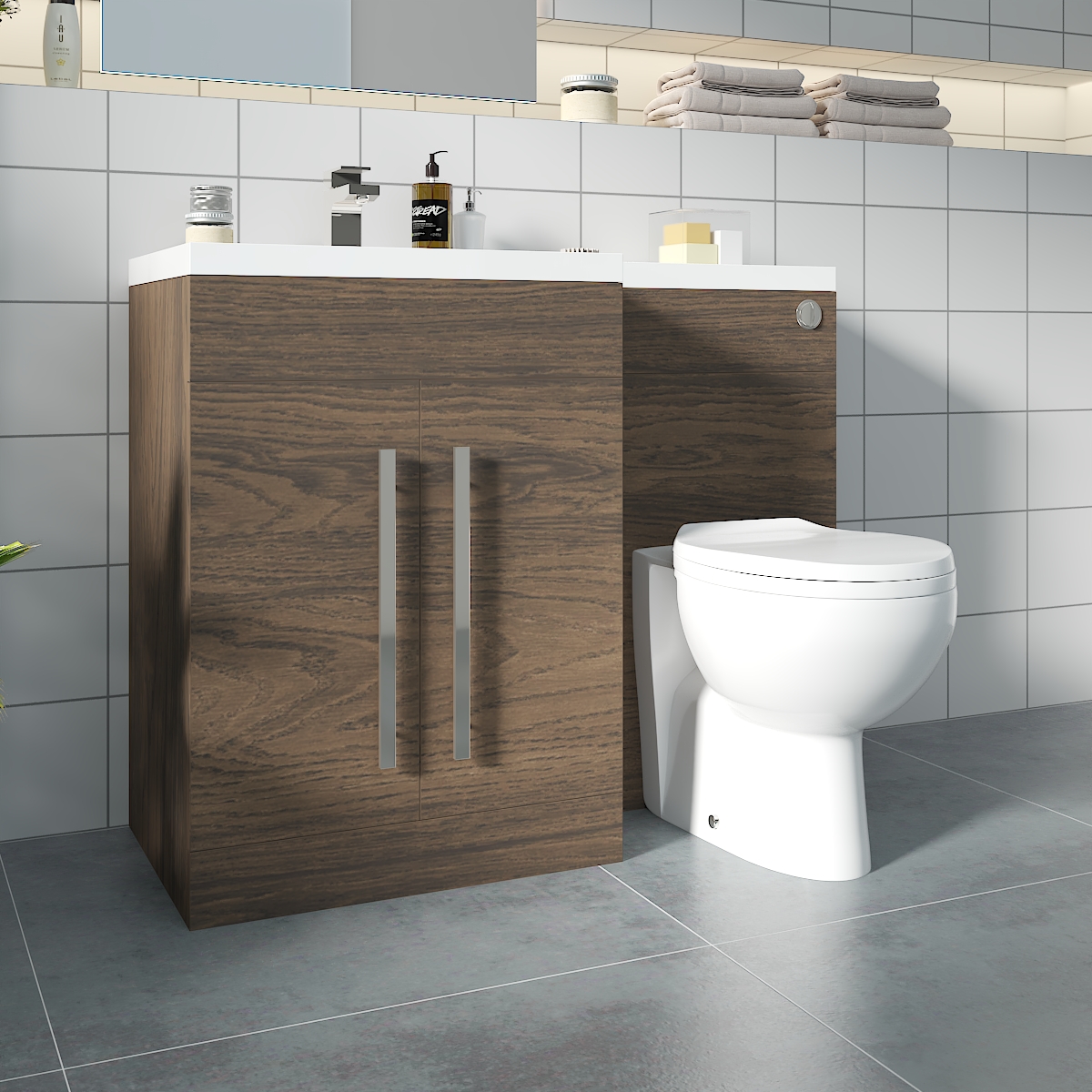 Calm Walnut Left Hand Combination Vanity Unit Basin L Shape with Back to Wall Splash Toilet & Soft Close Seat & Concealed Cistern - 1100mm