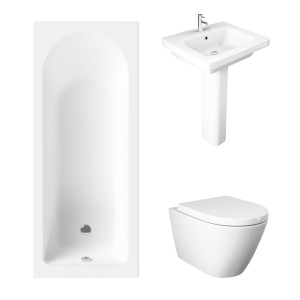 Essentials 1700 x 700mm Straight Bath Single Ended Bathroom Suite with RAK-Resort Wall Hung Toilet and 550mm Full Pedestal Basin-With Front Bath Panel