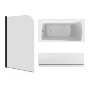 Sawley 1400 x 700mm Straight Bath Single Ended with Front Panel and Round Black Bath Screen