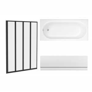 Rivington 1700 x 750mm Straight Bath Single Ended with Front Panel and Black Folding Bath Screen