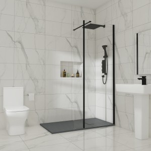 Wasdale 800mm Wet Room Screen with 200mm Hinged Wet Room Return Screen - Black
