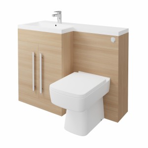 Calm Light Oak Left Hand Combination Vanity Unit Basin L Shape with Back to Wall Boston Toilet & Soft Close Seat & Concealed Cistern - 1100mm