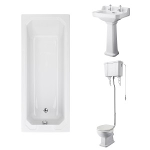 Wellington High Level Comfort Height Toilet with Sand Seat & 560mm 2 Tap Hole Basin with 1700 x 700mm Traditional Straight Bath Single Ended