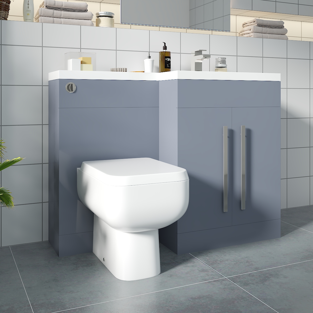 Calm Gloss Grey Right Hand Combination Vanity Unit Basin L Shape with Back to Wall RAK Series 600 Toilet & Soft Close Seat & Concealed Cistern - 1100mm