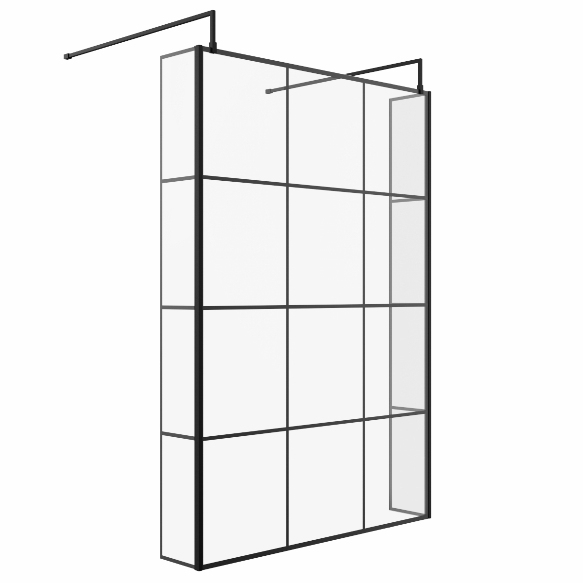 Wasdale 1400mm Black Grid Walk Through Wet Room Screen with 215mm Hinged Return Screens & L- Shape Support Arms