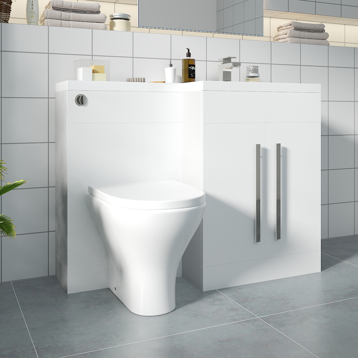 Calm White Right Hand Combination Vanity Unit Basin L Shape with Back to Wall Fresh Curved Toilet & Soft Close Seat & Concealed Cistern - 1100mm