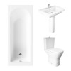 Essentials 1500 x 700mm Straight Bath Single Ended Bathroom Suite with RAK-Resort Maxi Close Coupled Open Back Rimless Toilet and 650mm Full Pedestal Basin-With Front Bath Panel