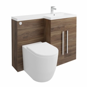 Calm Walnut Right Hand Combination Vanity Unit Basin L Shape with Back to Wall Cordoba Toilet & Soft Close Seat & Concealed Cistern - 1100mm