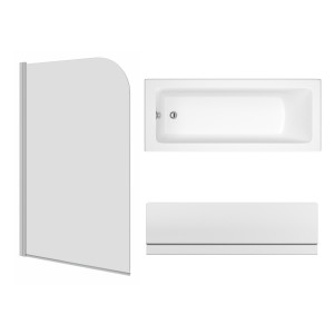 Sawley 1500 x 700mm Straight Bath Single Ended with Front Panel and Round Chrome Bath Screen