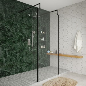 Wasdale 900mm Black Walk Through Wet Room Screen with 215mm Hinged Return Screens & L- Shape Support Arms