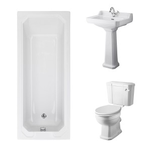 Wellington Close Coupled Toilet with White Seat & 600mm 1 Tap Hole Basin with 1700 x 700mm Traditional Straight Bath Single Ended
