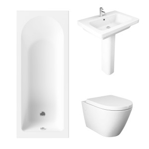 Essentials 1500 x 700mm Straight Bath Single Ended Bathroom Suite with RAK-Resort Wall Hung Toilet and 650mm Full Pedestal Basin
