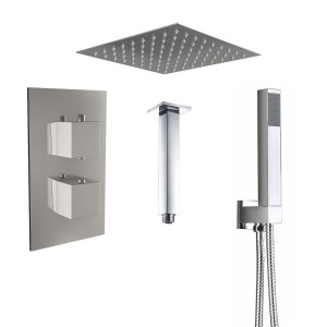 Beauly Chrome Twin Square Handle Concealed Valve Built in Diverter with 300mm Square Shower Head, Hand Shower and Ceiling Arm (2 Outlet)