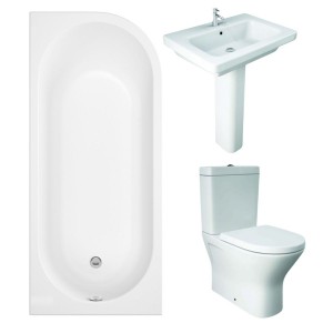 RAK Resort Mini Closed Back Toilet with 650mm Basin Modern Bathroom Suite with J-Shape Bath - Left Handed - 1700mm