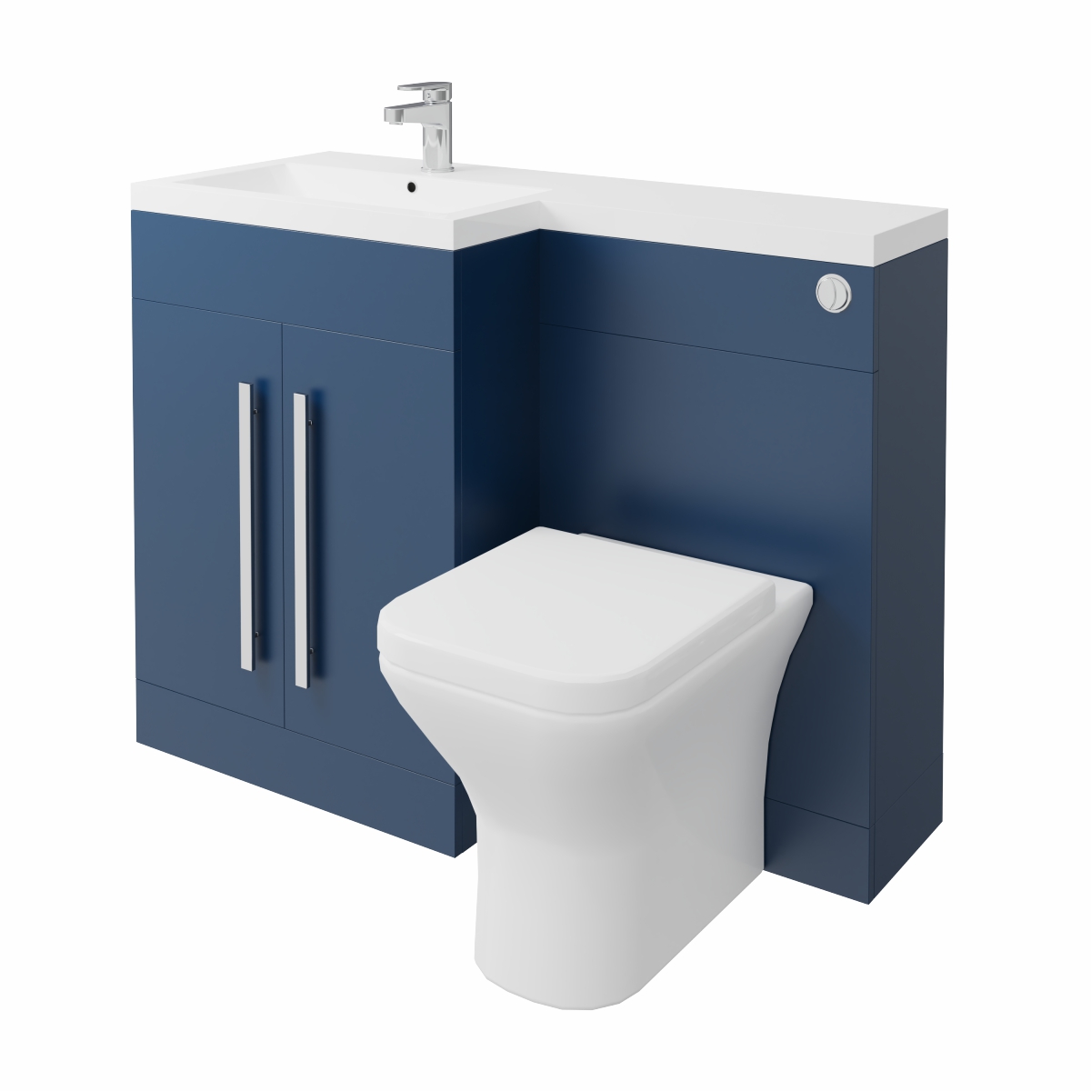 Calm Matt Blue Left Hand Combination Vanity Unit Basin L Shape with Back to Wall Feel Curved Toilet & Soft Close Seat & Concealed Cistern - 1100mm