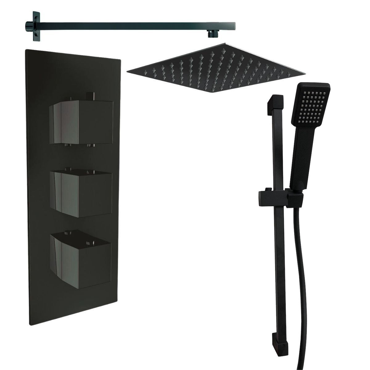 Beauly Matt Black Triple Square Handle Concealed Valve with 300mm Square Shower Head and Riser Rail (2 Outlet)