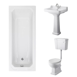 Wellington Low Level Toilet with White Seat & 600mm 1 Tap Hole Basin with 1700 x 700mm Traditional Straight Bath Single Ended