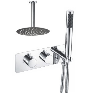 Thurso Chrome Round Twin Diverter with Built in Hand Shower and 300mm Round Shower Head and Ceiling Arm (2 Outlet)