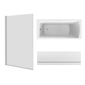 Sawley 1600 x 700mm Straight Bath Single Ended with Front Panel and Square Chrome Bath Screen