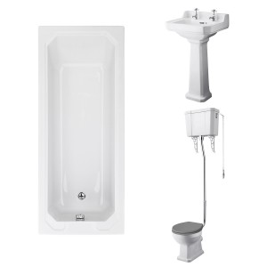 Wellington High Level Toilet with Grey Seat & 500mm 2 Tap Hole Basin with 1700 x 700mm Traditional Straight Bath Single Ended