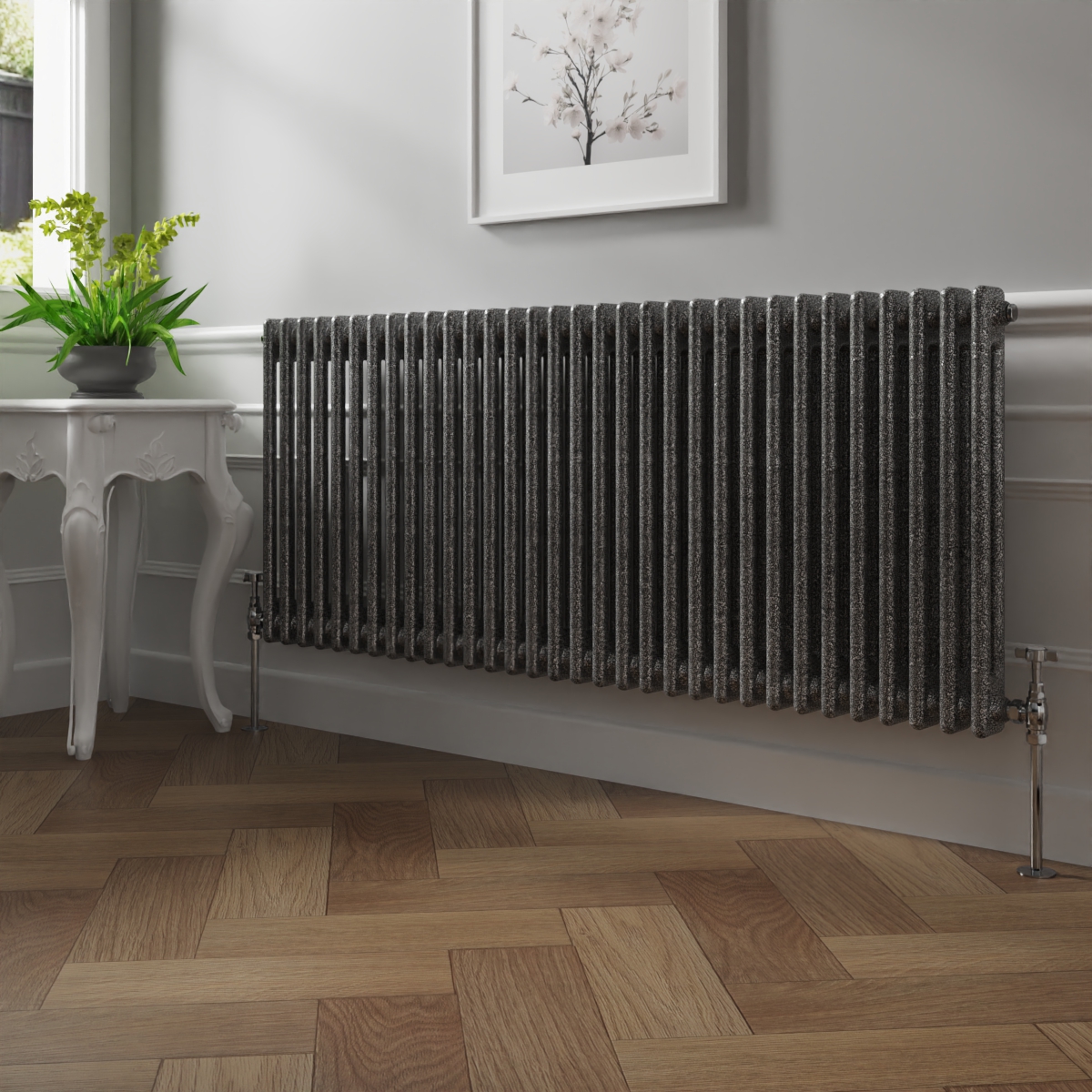 Bern 600 x 1460mm Black Silver Double Column Horizontal Traditional Radiator