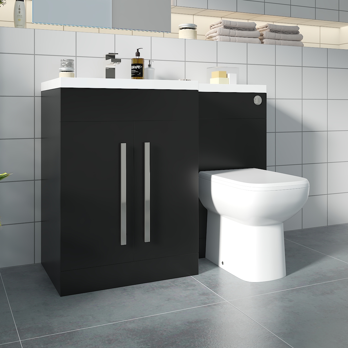 Calm Matt Black Left Hand Combination Vanity Unit Basin L Shape with Back to Wall RAK Origin Toilet & Soft Close Seat & Concealed Cistern - 1100mm