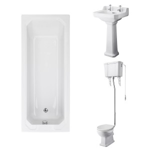 Wellington High Level Toilet with White Seat & 500mm 2 Tap Hole Basin with 1700 x 700mm Traditional Straight Bath Single Ended