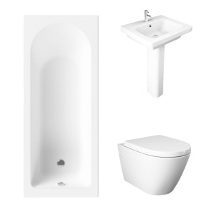 Essentials 1500 x 700mm Straight Bath Single Ended Bathroom Suite with RAK-Resort Wall Hung Toilet and 550mm Full Pedestal Basin - Including Bath Panels