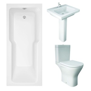 RAK Resort Maxi Open Back Toilet with 550mm Basin Modern Bathroom Suite and Straight Shower Bath with Front Panel - 1700 x 750mm