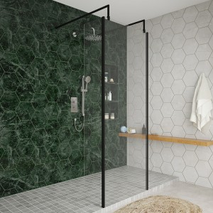 Wasdale 760mm Black Walk Through Wet Room Screen with 300mm Hinged Return Screens & L- Shape Support Arms