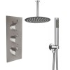 Thurso Chrome Triple Round Handle Concealed Valve Bulit in Diverter with 200mm Round Shower Head, Ceiling Arm and Hand Shower (3 Outlet)