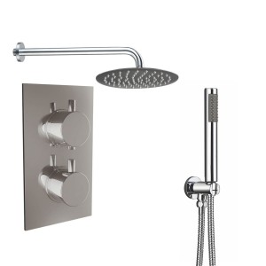 Thurso Chrome Twin Round Handle Concealed Valve Built in Diverter with 200mm Round Shower Head and Hand Shower (2 Outlet)