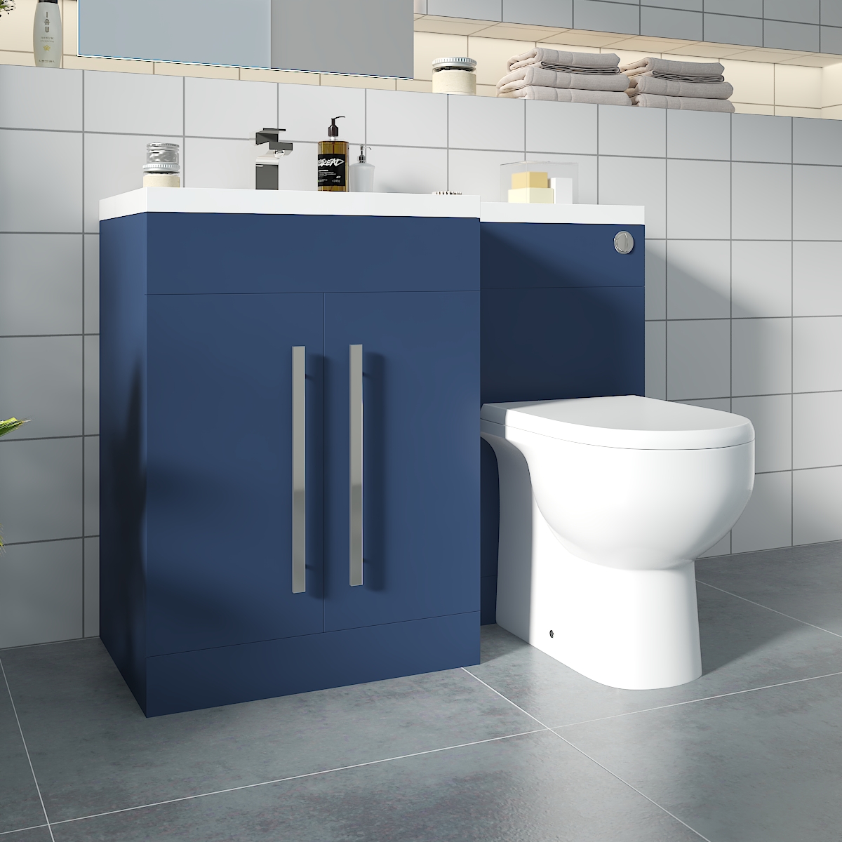 Calm Matt Blue Left Hand Combination Vanity Unit Basin L Shape with Back to Wall RAK Tonique Toilet & Soft Close Seat & Concealed Cistern - 1100mm