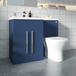 Calm Matt Blue Left Hand Combination Vanity Unit Basin L Shape with Back to Wall RAK Resort Toilet & Soft Close Seat & Concealed Cistern - 1100mm