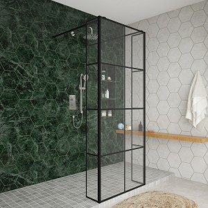 Wasdale 800mm Black Grid Walk Through Wet Room Screen with 215mm Hinged Return Screens
