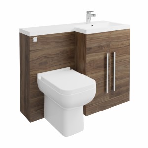 Calm Walnut Right Hand Combination Vanity Unit Basin L Shape with Back to Wall Feel 600 Toilet & Soft Close Seat & Concealed Cistern - 1100mm