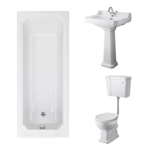Wellington Low Level Comfort Height Toilet with White Seat & 560mm 1 Tap Hole Basin with 1700 x 700mm Traditional Straight Bath Single Ended